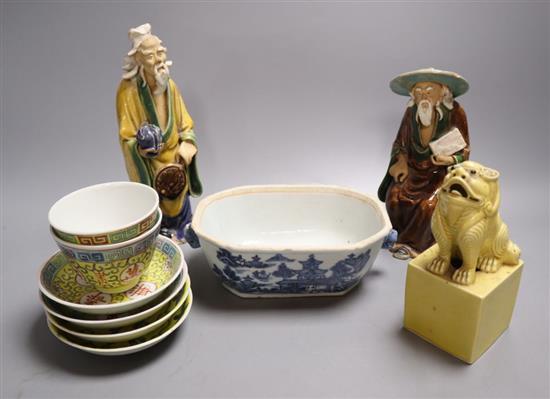 A Chinese glazed biscuit lion-dog seal, a Chinese blue and white tureen, width 18cm, two Shiwan figures and two teabowls and four sauce